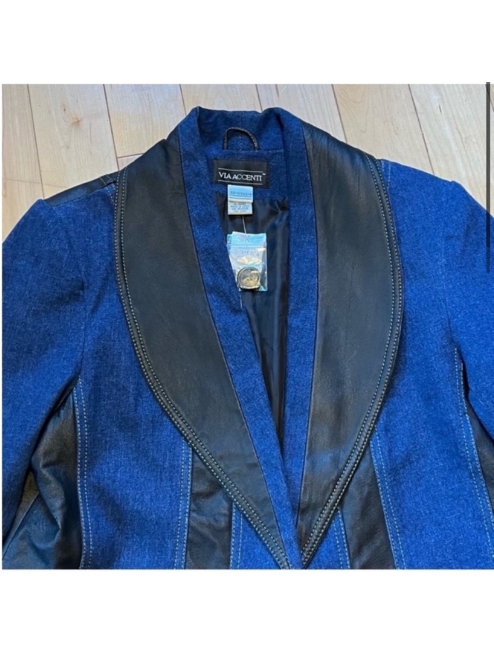 New Via Accenti blue denim black leather vintage jacket button closure size 14W - Picture 2 of 9